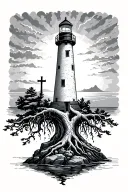 lighthouse with roots running down, built on top of rocks, with a cross hidden in the sunset in the background tattoo design idea