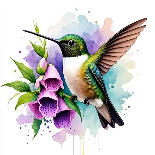 Hummingbird Watercolor foxglove flower tattoo design idea