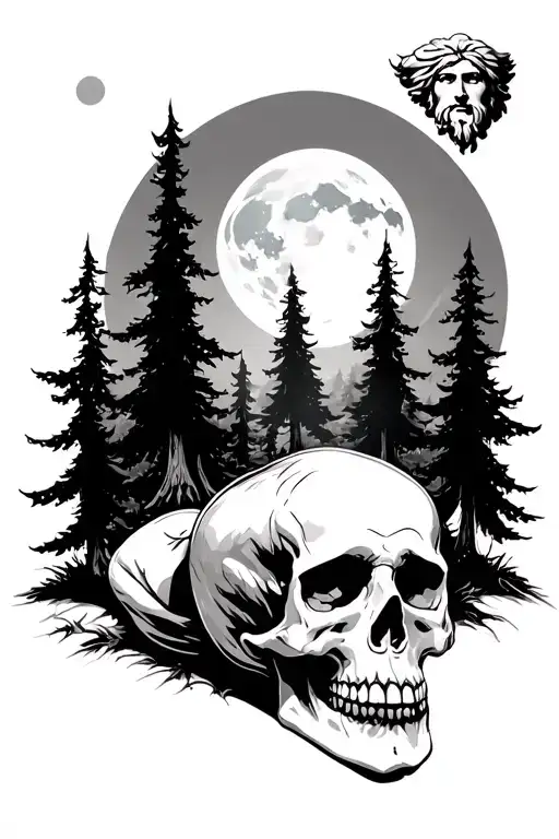 dark forest with skull laying sideways with trees growing with moonlit sky with Zeus face top right corner looking down. tattoo design idea
