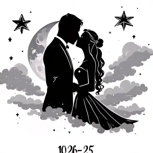 cloudy background, moon, shooting star, couple kissing, officiant marrying the couple, date 10-26-25 underneath couple tattoo design idea
