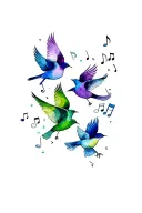 blue bird, green bird, purple bird flying with music notes and compass tattoo design idea