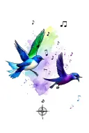 blue bird, green bird, purple bird flying with music notes and compass tattoo design idea