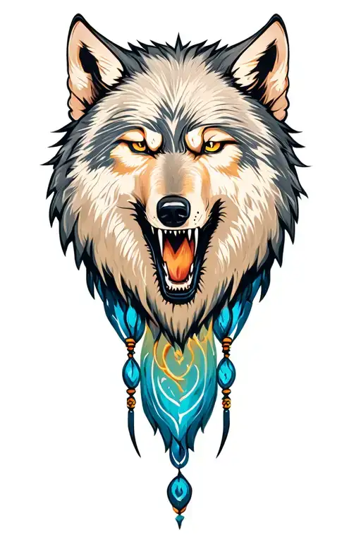 Dreamcatch with growling wolf head tattoo design idea