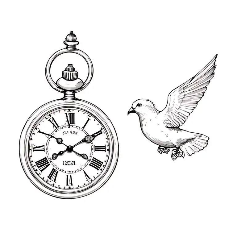 an old pocket watch 12:27, a dove, a rose tattoo design idea