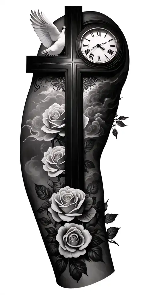 full sleeve cross on forearm empty surrounded by roses clock on shoulder with a dove and some clouds or smoke  tattoo design idea
