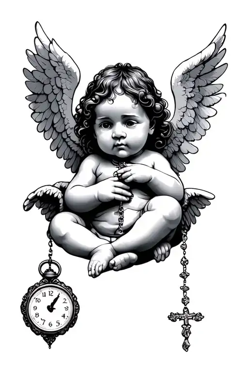 black baby angel with wings and a clock showing the time 00:40 and a hand holding a rosary tattoo design idea