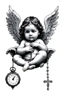 black baby angel with wings and a clock showing the time 00:40 and a hand holding a rosary tattoo design idea