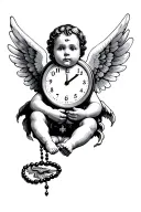 black baby angel with wings and a clock showing the time 00:40 and a hand holding a rosary tattoo design idea