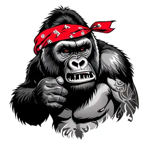 gorilla pounding on chest red bandana around forehead grillz in mouth with tattoos tattoo design idea