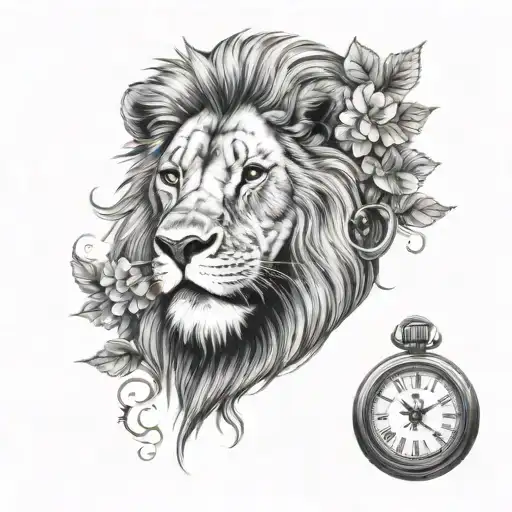 lion face with clover and antique clock tattoo design idea