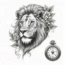 lion face with clover and antique clock tattoo design idea