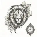 lion face with clover and antique clock tattoo design idea