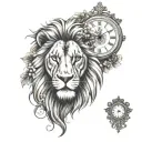 lion face with clover and antique clock tattoo design idea