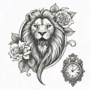 lion face with clover and antique clock tattoo design idea