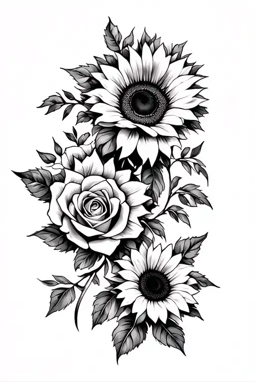 draw me a stencil for a 1/2 slee tattoo for a woman that wraps around her shoulder with roses and sunflowers tattoo design idea