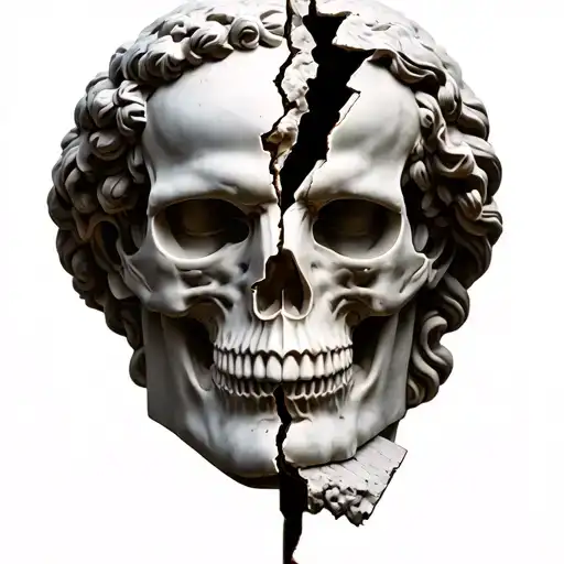 Ancient Greek head statue broken in 2 pieces in the middle of the pieces a hand skull and half anonymous mask  tattoo design idea