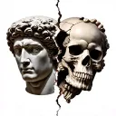 Ancient Greek head statue broken in 2 pieces in the middle of the pieces a hand skull and half anonymous mask  tattoo design idea