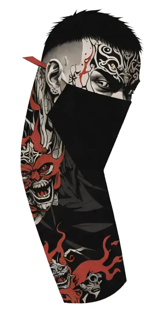 male anime character wearing oni mask fighting off inner demons  tattoo design idea