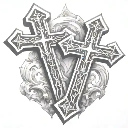 two chrome hearts crosses very close to eachother with fire behind them tattoo design idea