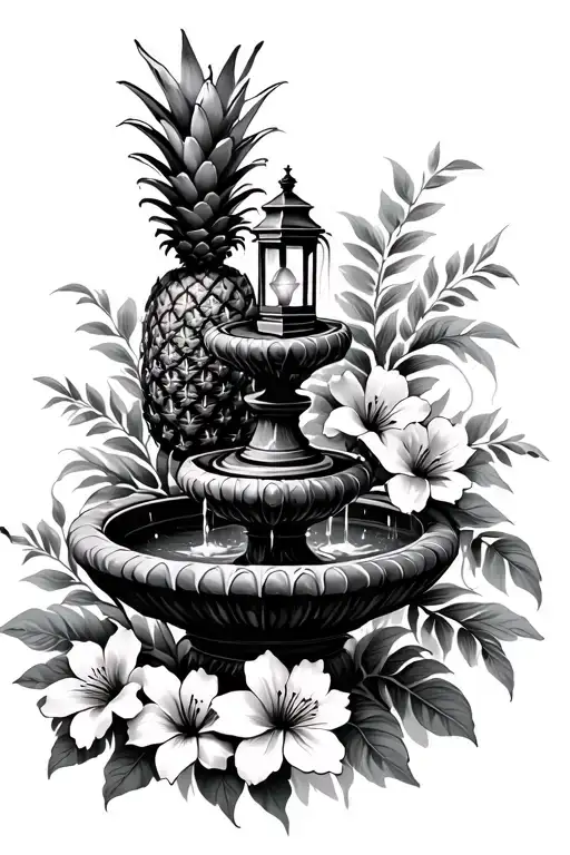 pineapple fountain with lantern and flowers.  tattoo design idea