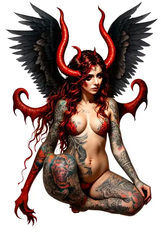 Naked Female Devil Full of Tattoo with Wings tattoo design idea