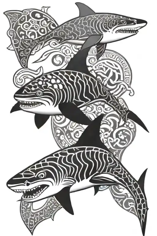 Maori geometric design with shark, tortoise and manta ray tattoo design idea