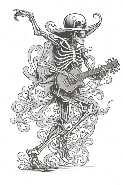 dancing skeleton with 4744 in one of the bones tattoo design idea