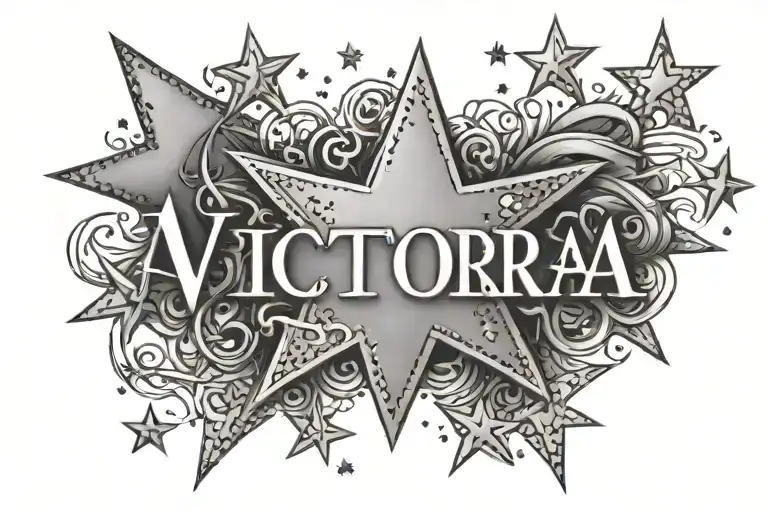 Victoria name with 5 small stars and 1 Big star tattoo design idea