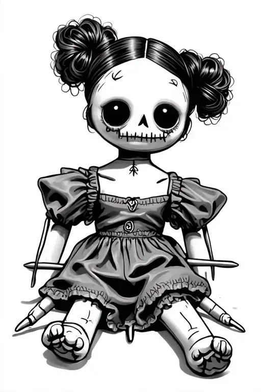 voodoo doll with pins and space buns tattoo design idea