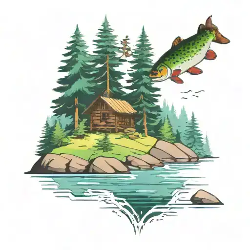evergreens on bank of a river. A trout jumping out of water. A mountain. a cabin.  tattoo design idea