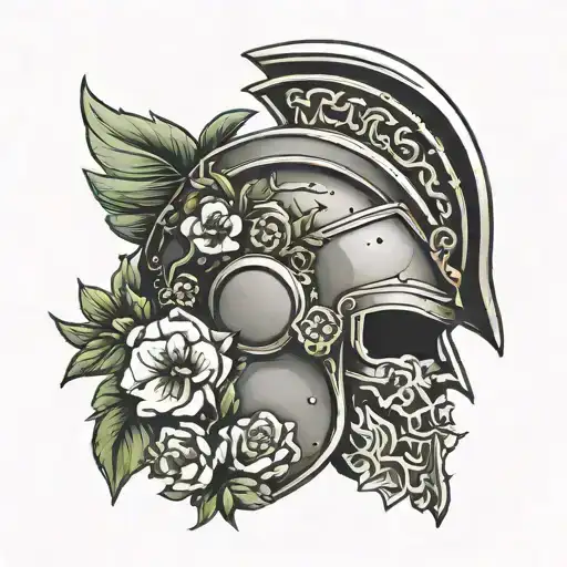 Roman gladiator helmet with flowers growing tattoo design idea