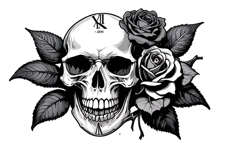 rose, clock face, raven skull adorned tattoo design idea