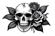 rose, clock face, raven skull adorned tattoo design idea