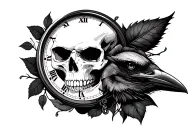 rose, clock face, raven skull adorned tattoo design idea