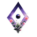 astronaut inspired by mass effect floating in space with geometric shapes with purple cosmos and pink daffodils tattoo design idea