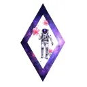 astronaut inspired by mass effect floating in space with geometric shapes with purple cosmos and pink daffodils tattoo design idea