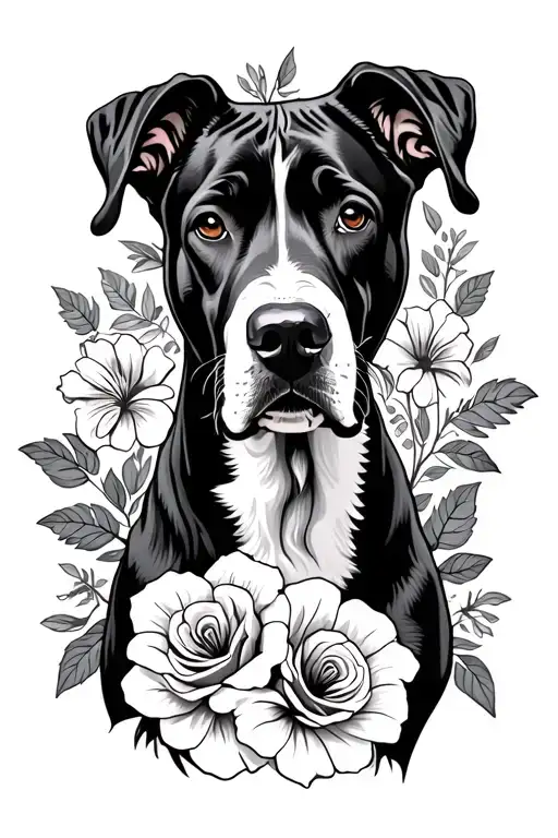 Great Dane white and black surrounded by roses mayflowers hibiscus tattoo design idea