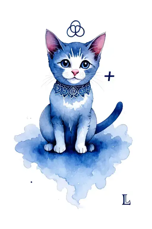 delicate collar-style tattoo, subtle happy collared kitten, triskelion symbol, the letter L on top, circle with + in it tattoo design idea