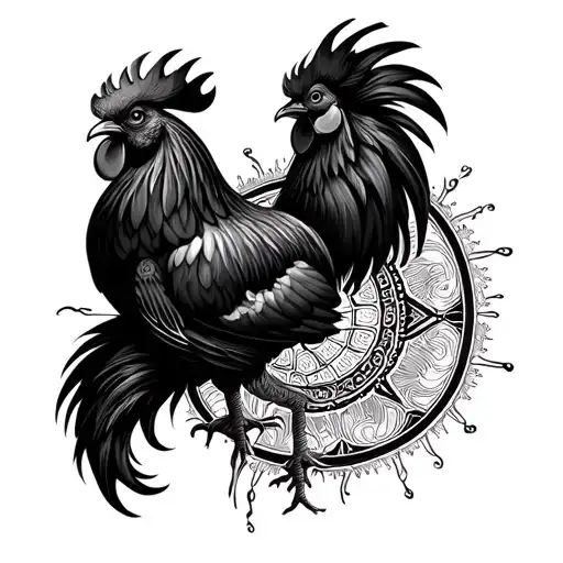 black rooster surrounded by a dharma wheel tattoo design idea