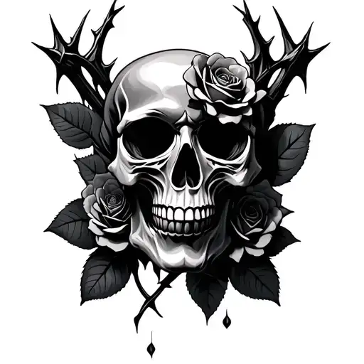 skull roses thorns gothic style tattoo design idea