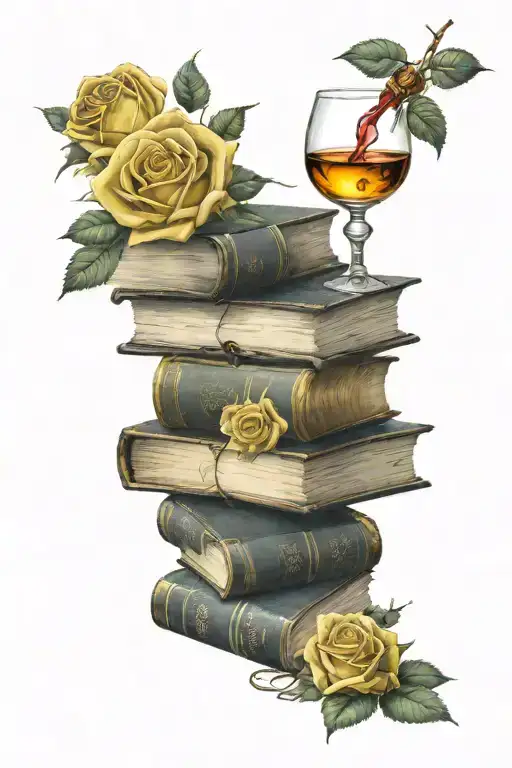 stack of books with yellow roses coming out of the top open book and a wine glass on top tattoo design idea