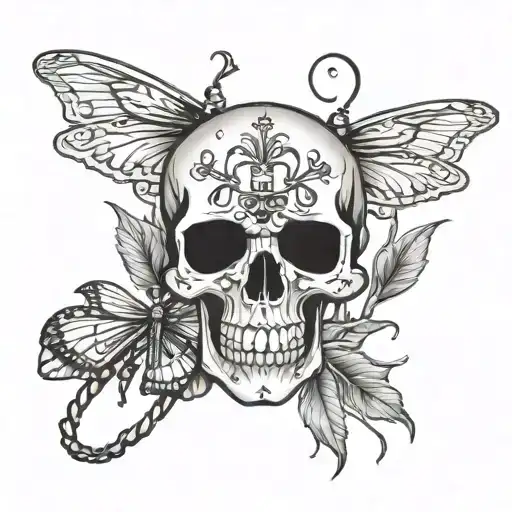 skull with dragonflies as the crossbones tattoo design idea