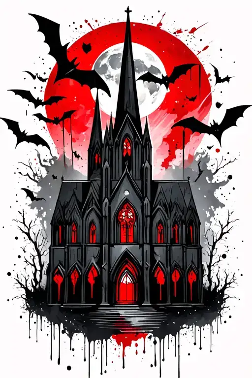 gothic church with moon and bats flying tattoo design idea