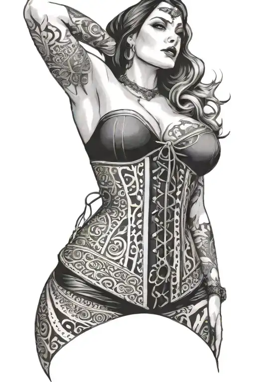 top half of a powerful woman in a corset, in the background is a keffiyeh design and geometric patterns  tattoo design idea