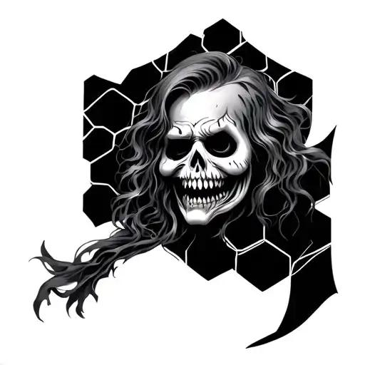 horror tattoo with honeycomb and geometric patterns behind it  tattoo design idea