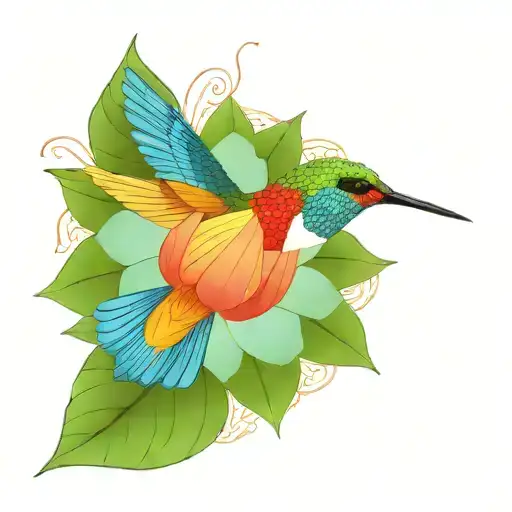 one colorful hummingbird flying above a lotus flower with nest and 3 eggs inside  tattoo design idea