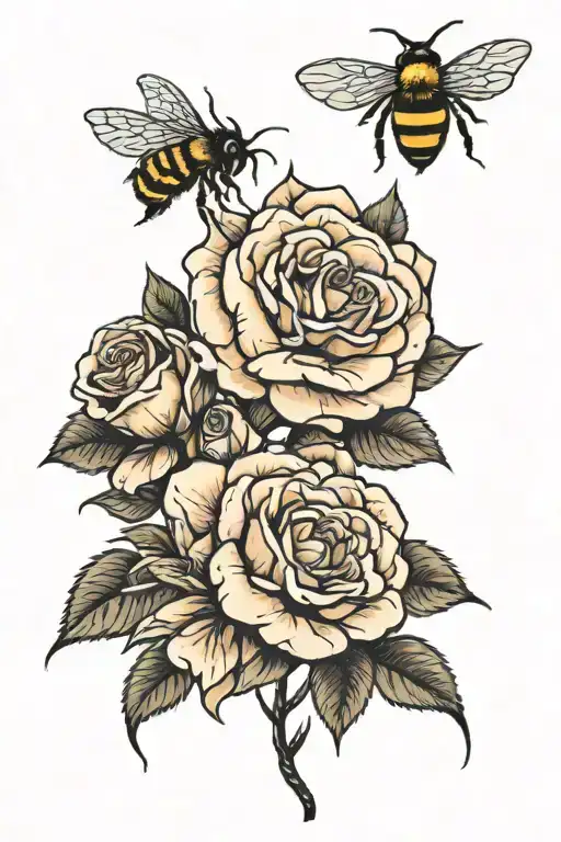 bee collecting roses tattoo design idea