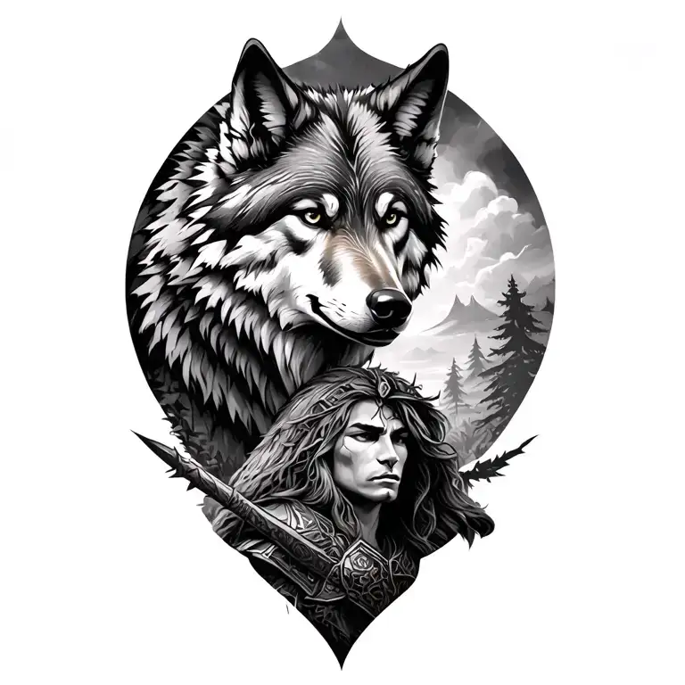 a wolf with warrior in nature scene tattoo design idea