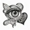 "A realistic tattoo of an eye with a heart wrapped in DNA. Above the eye are the initials "FD" and below the heart is the inscription "Never Give Up" tattoo design idea