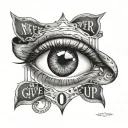 "A realistic tattoo of an eye with a heart wrapped in DNA. Above the eye are the initials "FD" and below the heart is the inscription "Never Give Up" tattoo design idea
